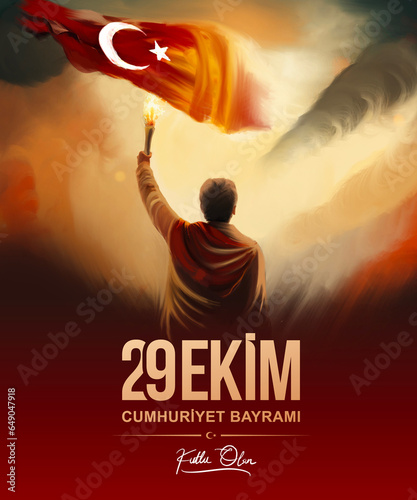 October 29 1923: Translation: 29 October Turkey Republic Day, happy holiday illustration. (Turkish: 29 Ekim Cumhuriyet Bayrami Kutlu Olsun)