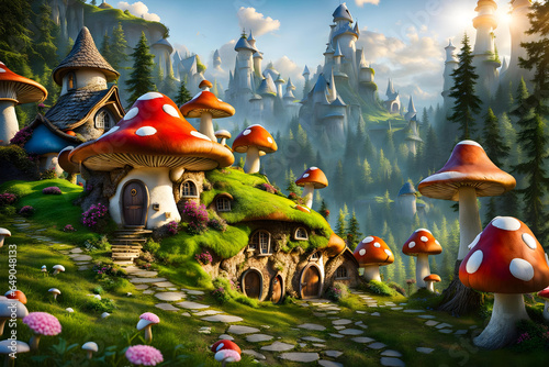 a fantasy style storybook fairytale tiny mushroom village surrounded by trees and mountains