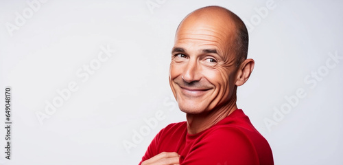 Attractive middle age bald man with a red sweater against a light background for advertisement 