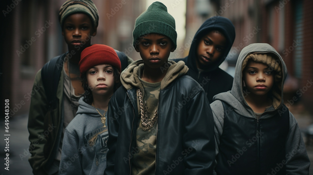 Fototapeta premium Group of hiphop rapper gangsters on the streets in urban neighbourhood