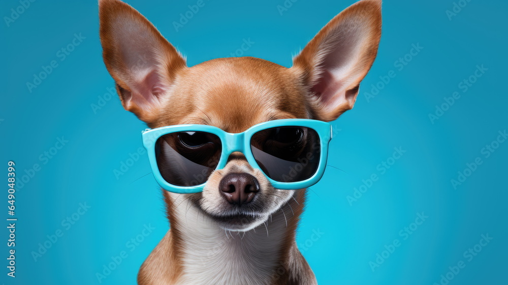 Chihuahua dog wearing blue sunglasses on blue background. 