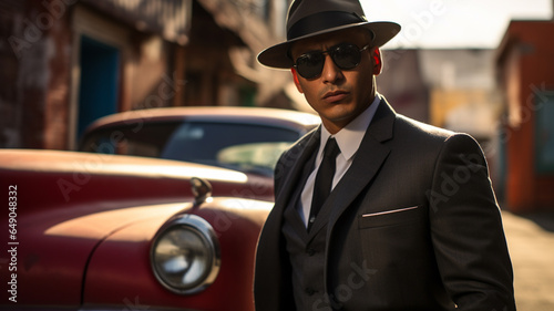 Male gangster or maffia member wearing suit and hat in the city streets next to car