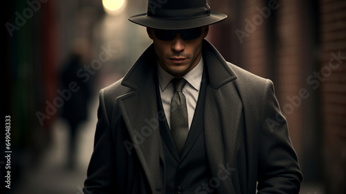Male gangster or maffia member wearing suit and hat in the city streets next to car photo