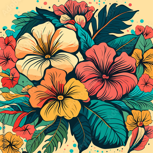tropical art beauty of nature with a colorful hibiscus pattern in a whimsical and playful drawing style  featuring the exotic flowers in bold and striking designs that will add a pop generative AI