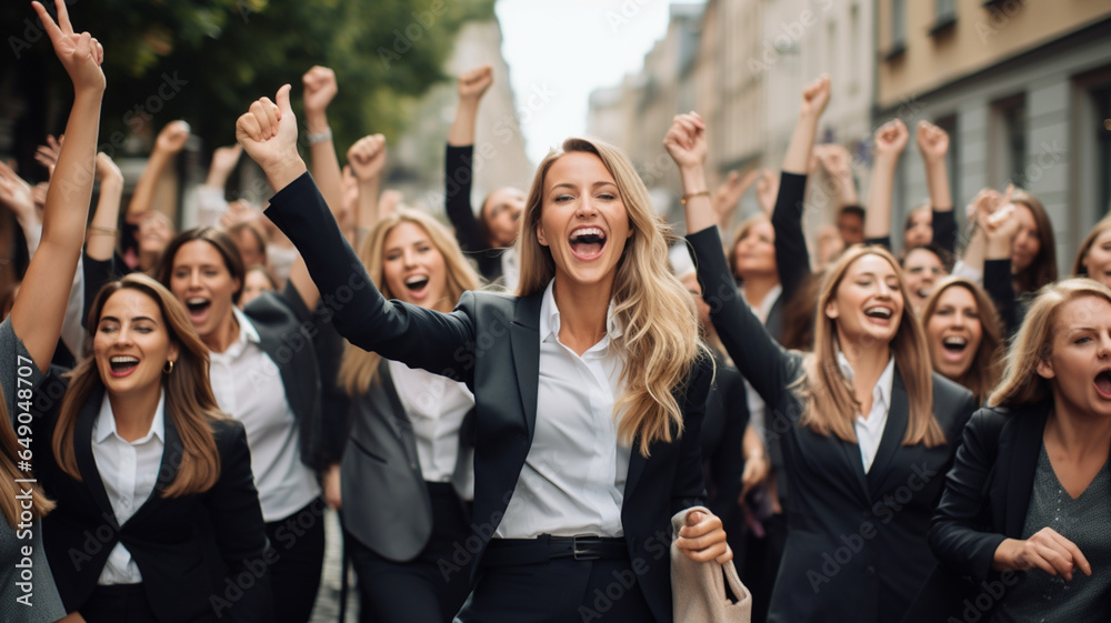 Group of business woman in the streets happy and celebrating with their fists in the air, concept of female empowerment in the workforce Group of business woman in the streets happy and celebrating with their fists in the air, concept of female empowerment in the workforce