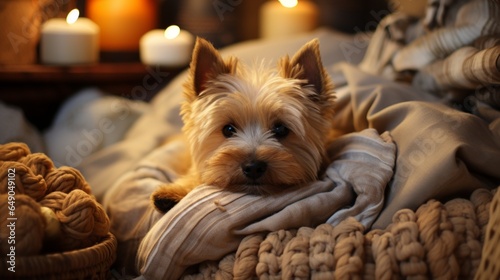 A Norwich Terrier nestled among plush pillows, creating a cozy and inviting atmosphere. © nomi_creative