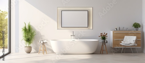 a modern bathroom with double sink bathtub plants and stylish furniture on a terrazzo floor