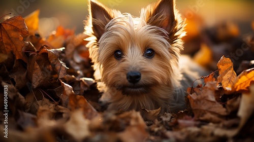 A Norwich Terrier peeking out from behind a colorful pile of autumn leaves. © nomi_creative