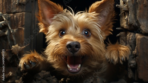 A Norwich Terrier's comical expression as it tries to reach a treat placed just out of reach.