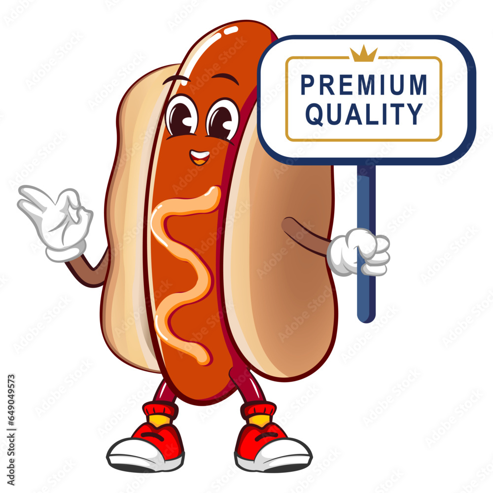 Cute happy hot dog mascot giving okay sign while carrying sign saying