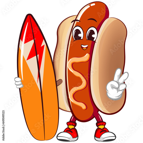 cute happy hot dog mascot carrying a surfboard while showing peace sign. Isolated vector flat cartoon character illustrationdesign