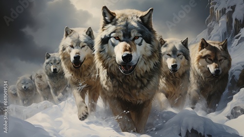 A pack of timber wolves, their fur blending seamlessly with the snow-covered landscape of the North.