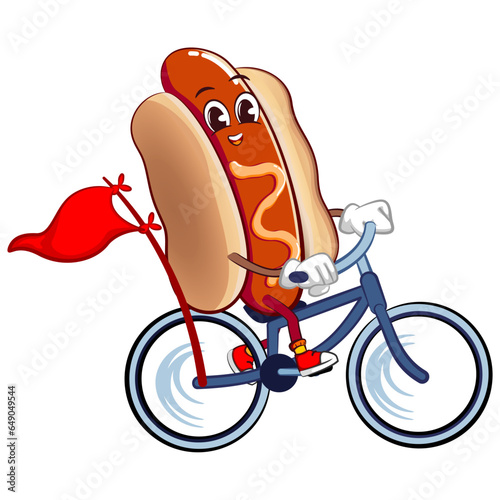 cute happy hot dog mascot relaxing cycling. Isolated vector flat cartoon character illustration design