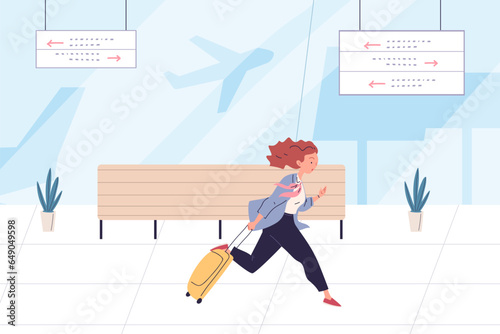 Businesswoman hurry to aircraft. Hurrying woman tourist haste to airplane, female entrepreneur carry suitcase in airport for working travel