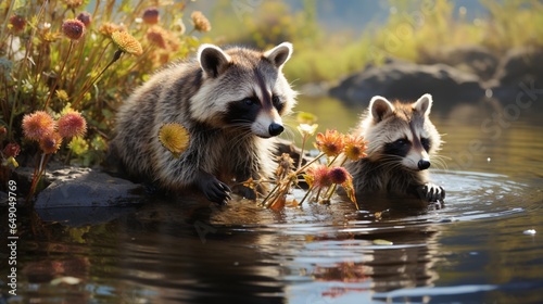 A pair of playful raccoons foraging for food along the banks of a tranquil North American stream. © nomi_creative