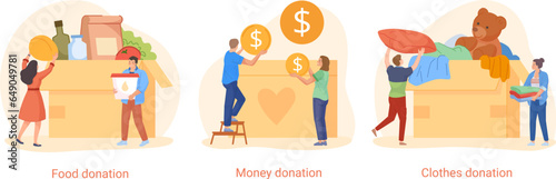 Humanitarian fundraising. People collect coins food clothing donations in box, financial gift money charity social solidarity and crowdfunding, charities help vector illustration