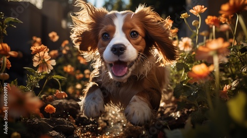 A playful Blenheim Cavalier King Charles Spaniel pup captured mid-pounce, showcasing its agility and zest for life in a vibrant spring garden.