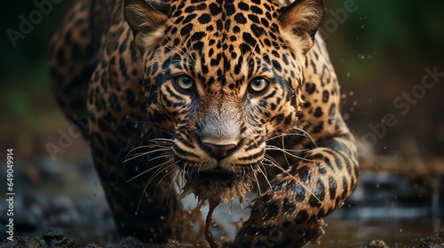A powerful jaguar, its muscular form poised for a leap in the lush Costa Rican rainforest. © nomi_creative