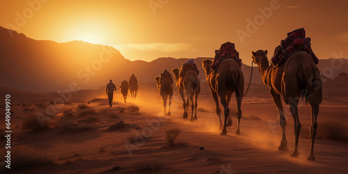 A caravan of camels crossing a desert, led by a Bedouin guide, sun setting in the background, warm hues, long shadows