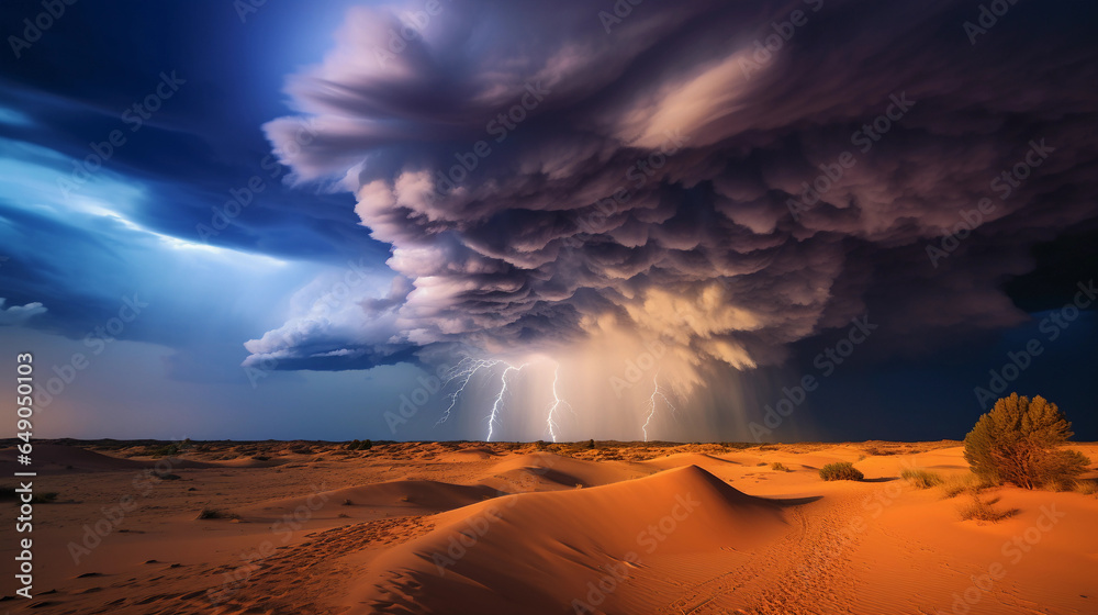 Desert thunderstorm, lightning striking the sand, dramatic clouds rolling in, capturing the rare moment water touches the arid land