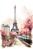 romantic paris cityscape with eiffel tower vintage illustration isolated on a transparent background, generative ai