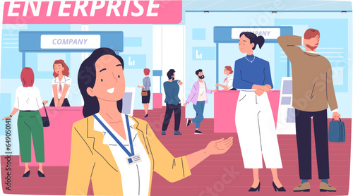 Business exhibition visitors. Customers visit expo center product tradeshow or job fair in corporate company, worker show booth with project information, classy vector illustration photo