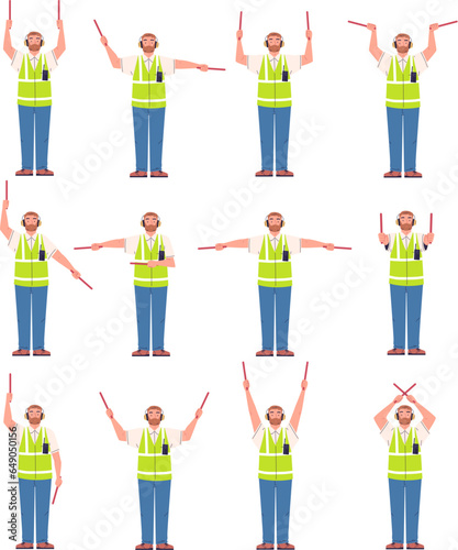 Marshaller signals. Aircraft marshalling hand signal for safety landing airplane or helicopter, man signaler on runway airport plane traffic controller, classy vector illustration