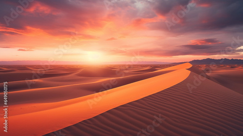 sprawling desert landscape at sunset, glowing orange and pink sky, cacti silhouettes in the foreground, sand dunes creating leading lines, dramatic shadows