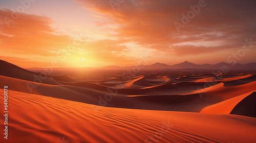 sprawling desert landscape at sunset, glowing orange and pink sky, cacti silhouettes in the foreground, sand dunes creating leading lines, dramatic shadows