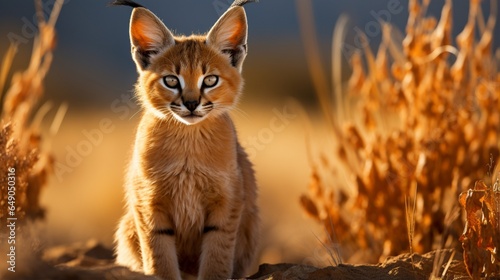 A sleek and elusive caracal, its tufted ears giving it an air of mystery in the African grasslands. © nomi_creative
