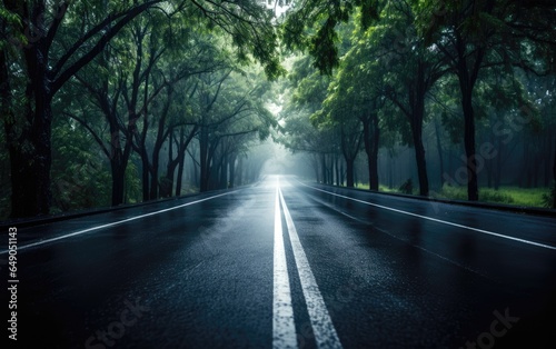 A straight road in the middle in rainy day with trees on both sides. Generative AI