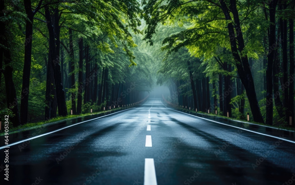 Fototapeta premium A straight road in the middle in rainy day with trees on both sides. Generative AI