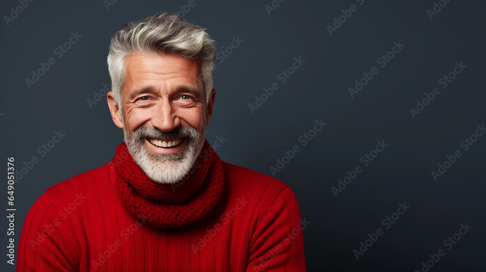 Handsome grey hair senior man wearing a red sweater against a grey background, copy space Handsome grey hair senior man wearing a red sweater against a grey background, copy space