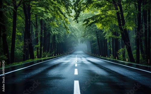 A straight road in the middle in rainy day with trees on both sides. Generative AI