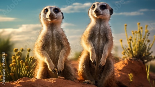 pair of playful meerkats, their inquisitive nature on display as they stand on their hind legs to scan the horizon.