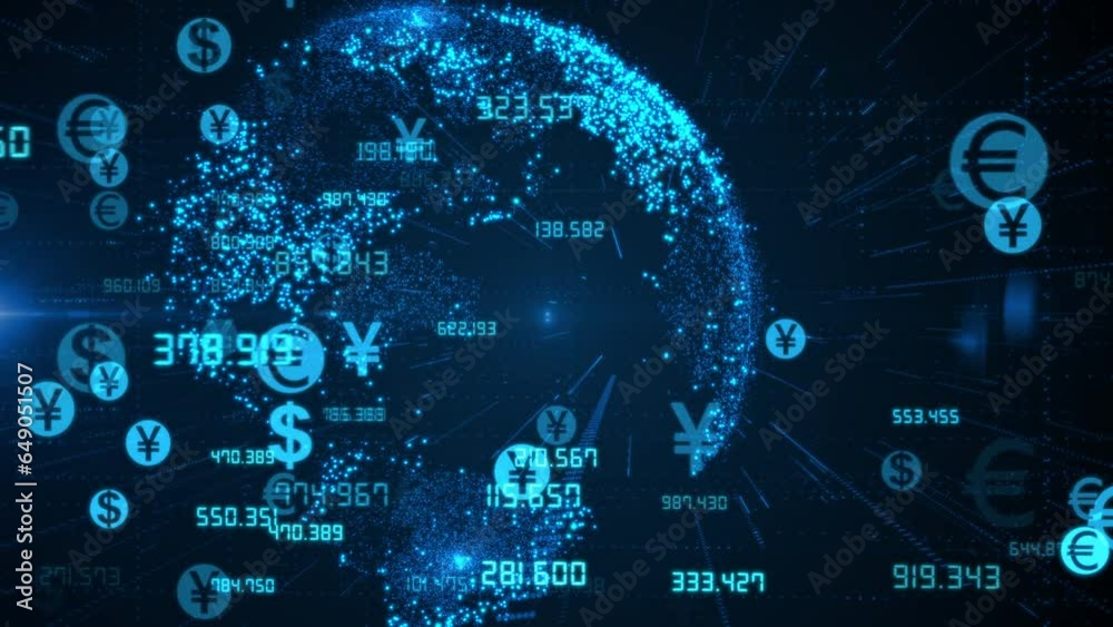 Global currencies exchange on abstract digital world map background. Stock market investment and trading concept. Transfer money technology and CBDC payments worldwide. Online banking account Global currencies exchange on abstract digital world map background. Stock market investment and trading concept. Transfer money technology and CBDC payments worldwide. Online banking account