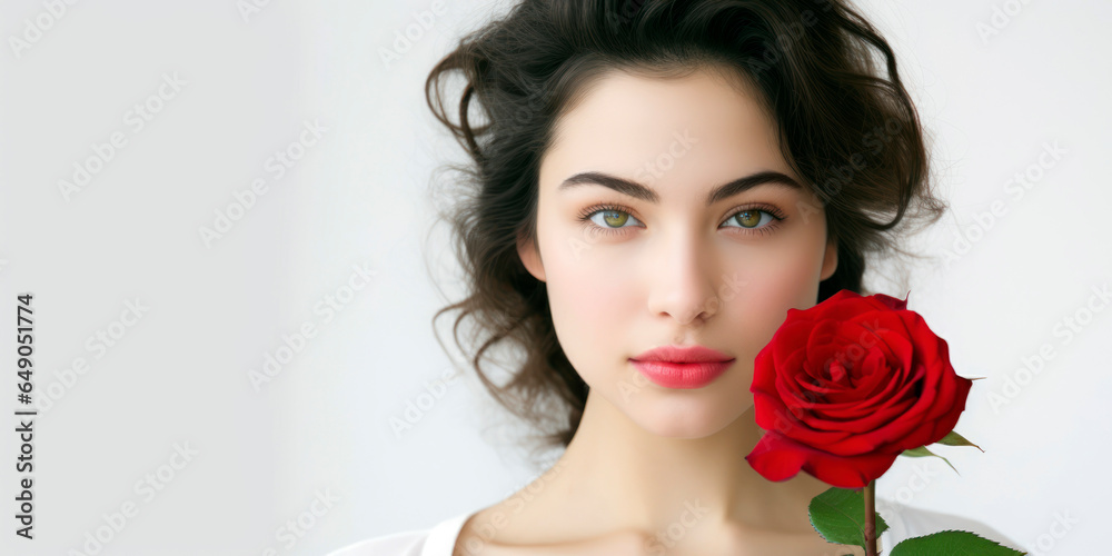 Young woman with a contemplative expression, holding a bright red rose on a white background. Young woman with a contemplative expression, holding a bright red rose on a white background.