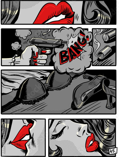 Aesthetics of old American comics. Fatal love. romantic gangster shootout crime thriller