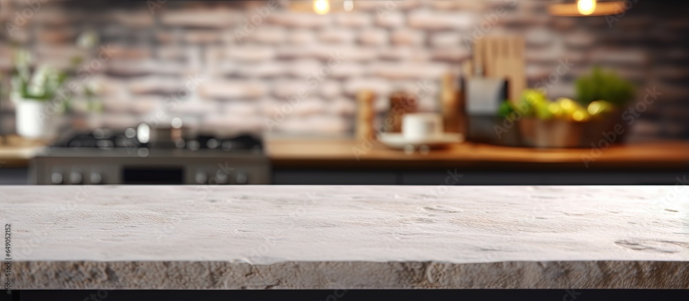 Fototapeta premium Blurred kitchen background with stone tabletop