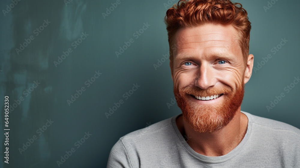 Obraz premium Red hair handsome man with a gray sweater. Banner for ad, copy space
