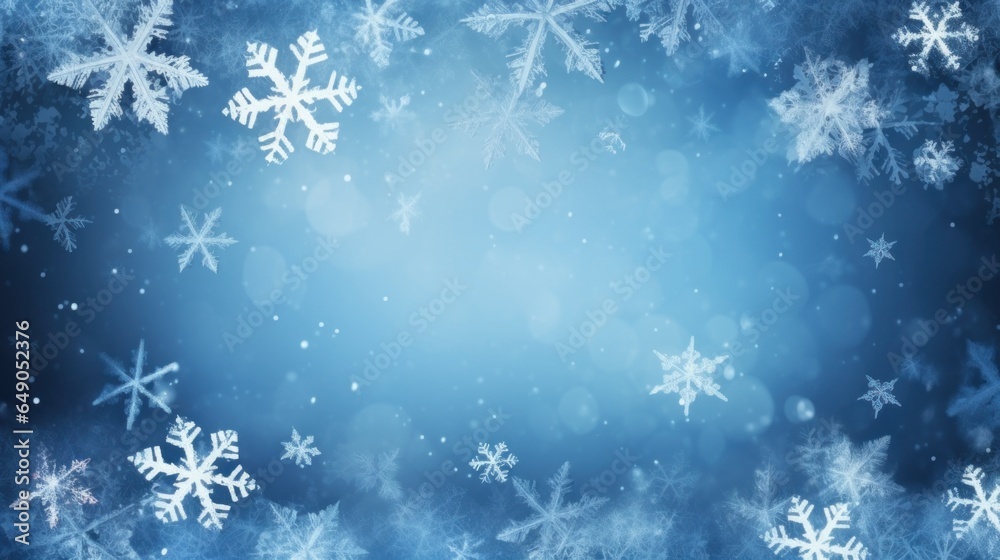 Winter blue background Christmas made of snowflake and snow with blank copy space for your text.