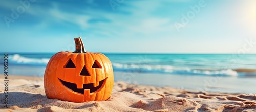 Beach Halloween party with a pumpkin Jack o lantern on the background of the ocean in Florida with copy space with copyspace for text