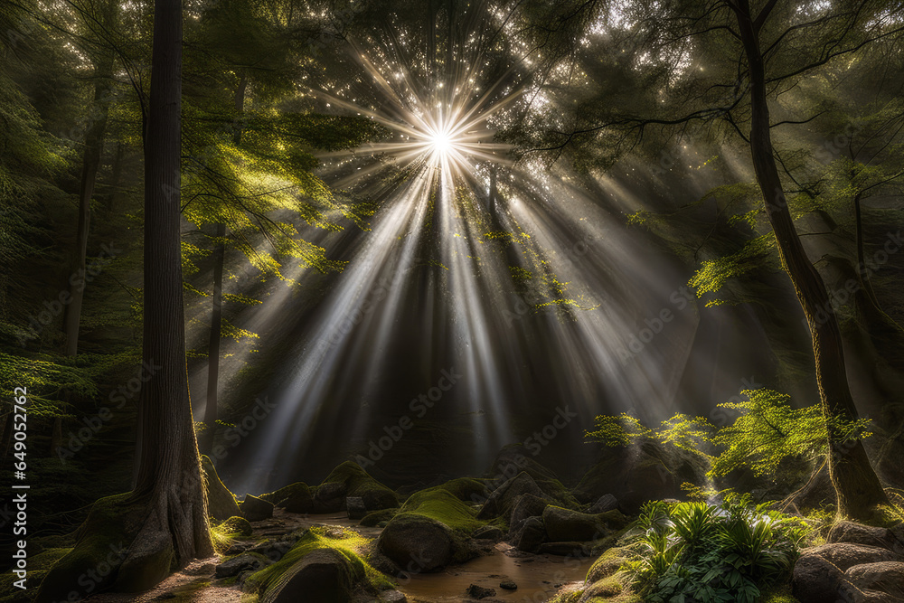 Scenic landscape rays of light in the forest