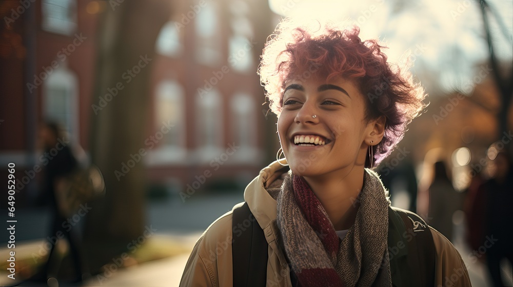 Non-binary college student smiling on campus - obrazy, fototapety, plakaty 