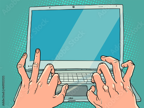 Remote work, communication with colleagues and superiors. Human fingers are typing on a laptop keyboard.