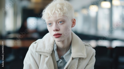 A youthful nonbinary person with a visual albinism condition sits in a coffee shop, their expressive eyes tell a tale of struggle for acceptance in society. Platinum hair, skin so pale its