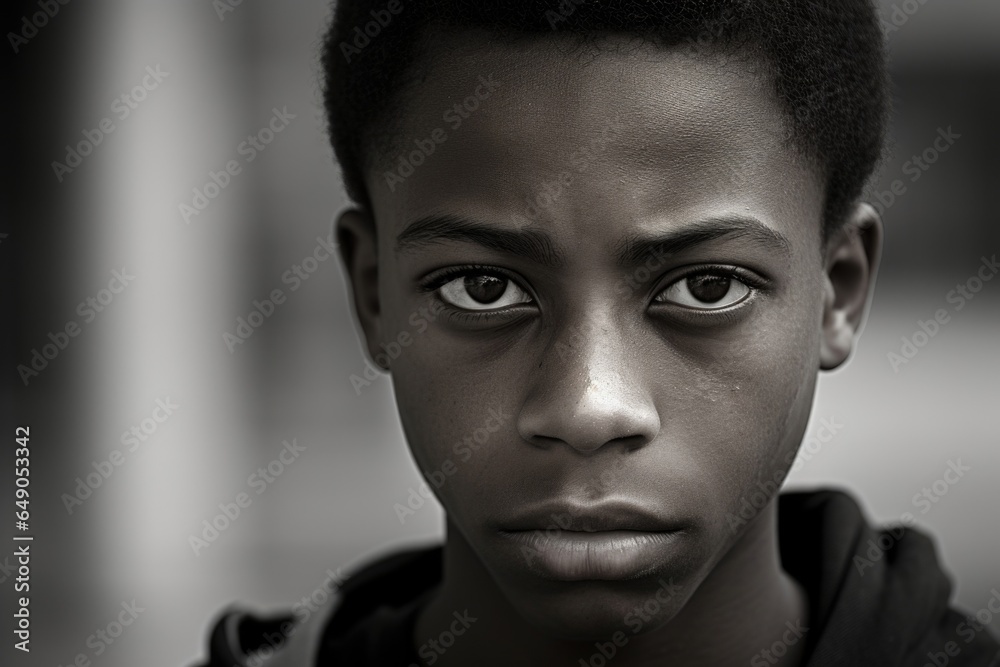 A stern, handsome African American youth bursting with raw energy. His face tells a story of disillusionment, but also of steadfast resilience in the struggle for equality. A stern, handsome African American youth bursting with raw energy. His face tells a story of disillusionment, but also of steadfast resilience in the struggle for equality.