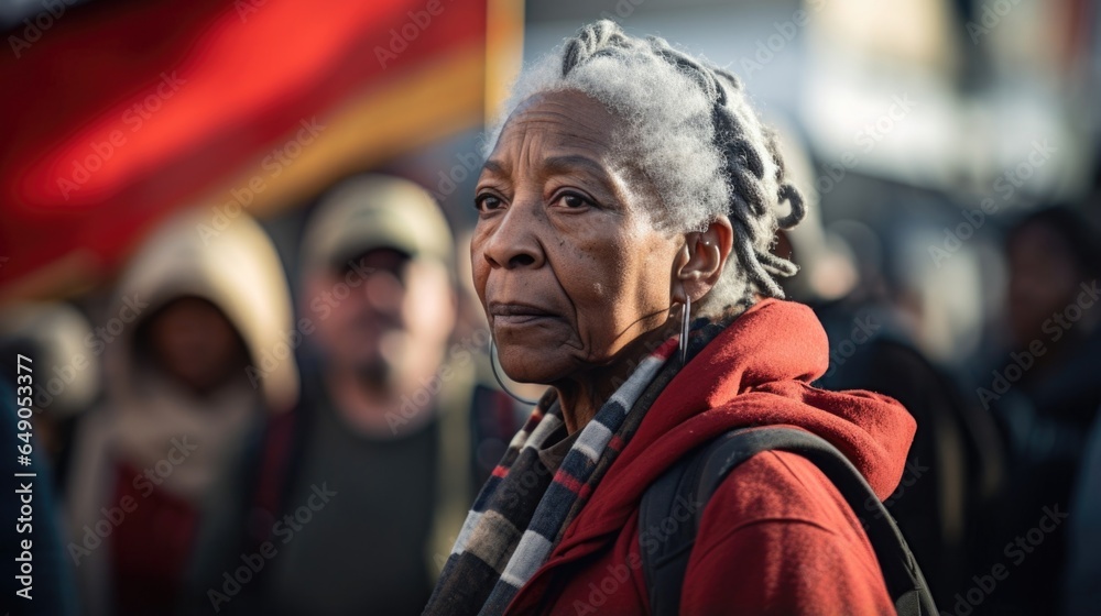 An elderly woman with grey hair braided neatly. Her heavily lined face tells stories of countless protests shes witnessed over her lifetime. She stands with the grace of a seasoned protester,