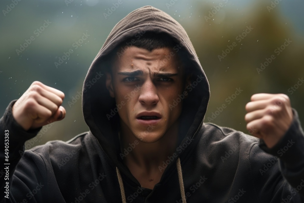 A lean and muscular young man wearing a hoodie, raising his fist in