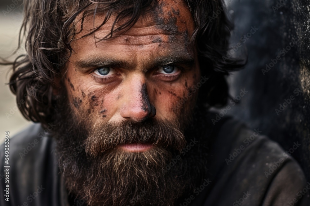 A bearded man in his late twenties, with skin as dark as obsidian. His eyes are filled with a rebellious spirit, his face showing traces of fatigue from the unrest, but passion nonetheless.